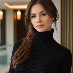 a woman wearing a turtle neck sweater and earrings