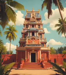 the entrance to a temple stands out in the palm trees