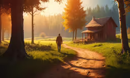 a person walking down a dirt road near some trees,a person walking on a dirt path near trees