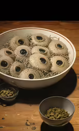 a large bowl with several eyes inside next to bowls filled with food