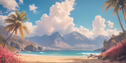 a painting of mountains, palm trees and water on a sunny day