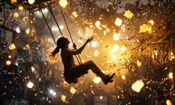 a girl swinging on a swing and lights in the background
