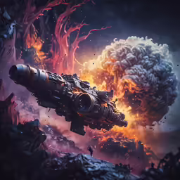 a ship floating down in a mountainous area with fire