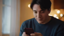 a young man checking his phone while holding it