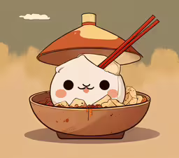 a rabbit sitting inside a bowl with noodles,there is a bowl with some food inside