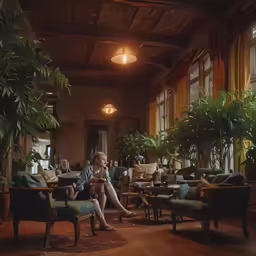 a woman sitting in an elegant room with greenery on the walls