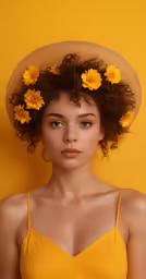 young woman wearing a hat decorated with yellow flowers