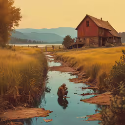 a person is kneeling in the water outside a red cabin,a man is kneeling in shallow water near a barn