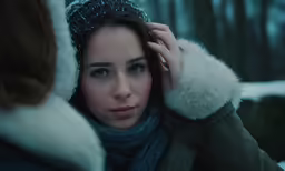 woman looking away in the woods, wearing blue gloves and winter hat