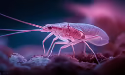 a close up of a flea eating something off of a piece of rock