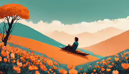 a painting depicting a man in the field with a dog,man sitting in the middle of flowers looking at the landscape