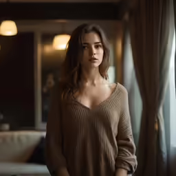 a woman in a sweater staring at the camera