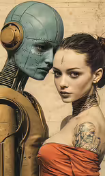 a lady in an orange dress and an alien humanoid