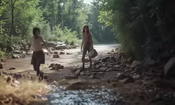 two kids walking down a dirt road through the woods