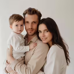 a couple pose for a family portrait with their son and son