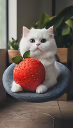 a white cat sitting on top of a blue chair next to a large strawberry