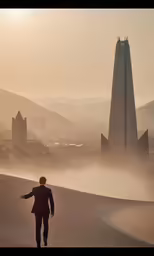 the man is looking over the foggy city