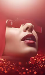 a woman wearing glasses and red lipstick with lots of red circles