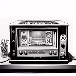 the toaster is set up next to the radio
