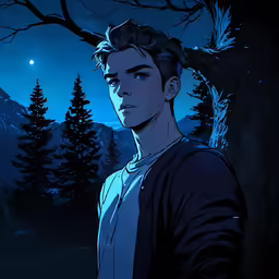 a person stands near some trees and mountains in the night