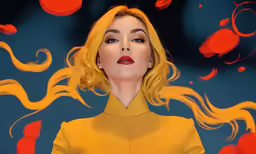 a beautiful woman with long yellow hair and a blue background