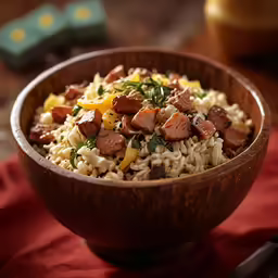 a bowl filled with rice covered in sausage and other ingredients