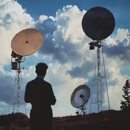 two microwave dishes stand near an open field, surrounded by three large satellite dishes