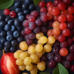 fruits with leaves sitting next to each other