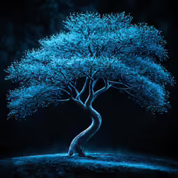 a blue tree in the dark and its branches glowing