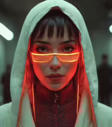 the girl wears a red light - up sunglasses