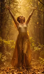 a woman in yellow dress dancing through leaves in a forest