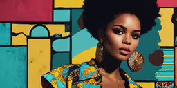 a woman with bright yellow earrings is posed next to a colorful wall,an illustration of a young woman with afro in front of a wall