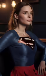 a girl dressed in a blue superman suit with a red skirt