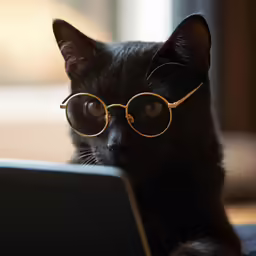 a black cat with glasses is looking at the camera