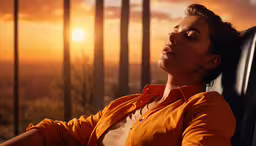 a woman in an orange shirt and an orange top,a woman looking up at the sky with her eyes closed