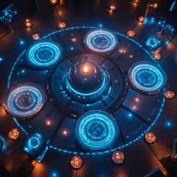 the circular sculpture is in blue and white lights