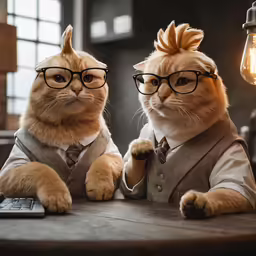 an orange cat with a pair of glasses on, sitting at a table