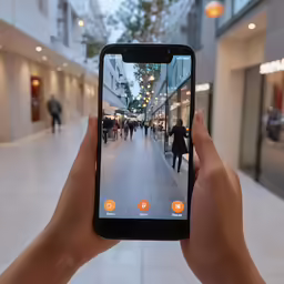 a person holding a phone up in an indoor building