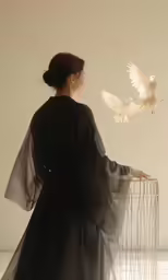 a woman in black dress facing a bird cage