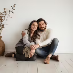 a couple posing for the camera in a white room
