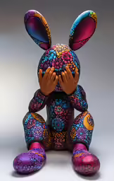 an odd looking toy with purple, blue and red colors