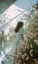 a woman in a white dress stands in front of a tree