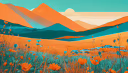 there is a painting of a mountains and flowers,an illustration shows the mountains and the sky