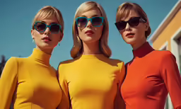 three women wearing colorful outfits in front of blue sky
