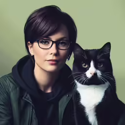 the woman is holding a black and white cat