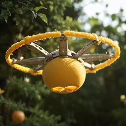 a lemon hanging in a tree with strings connected to it
