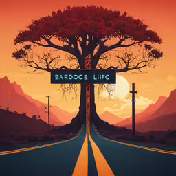 a very long road with a tree near it,a digital painting of a road leading into the sunset