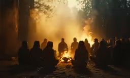 a group of people sitting on the ground near a bonfire
