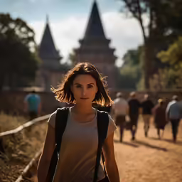 a woman walking on the dirt trail