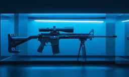 a large machine gun in the middle of a dark room